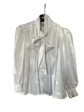 Vintage Elegant White Satin Bow Tie Blouse Size 6p